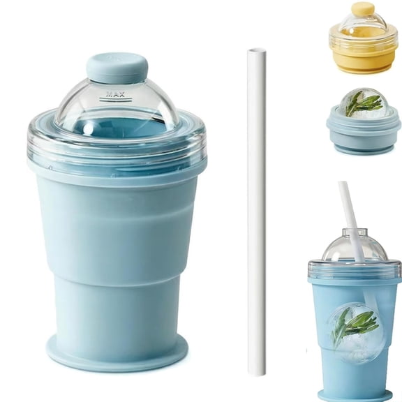 2-in-1 Collapsible Silicone Ice Ball Maker Cup, Reusable Portable Ice Sphere Mold with Straw & Lid, Easy Demolding, For Coffee, Juice, Camping Office Gym