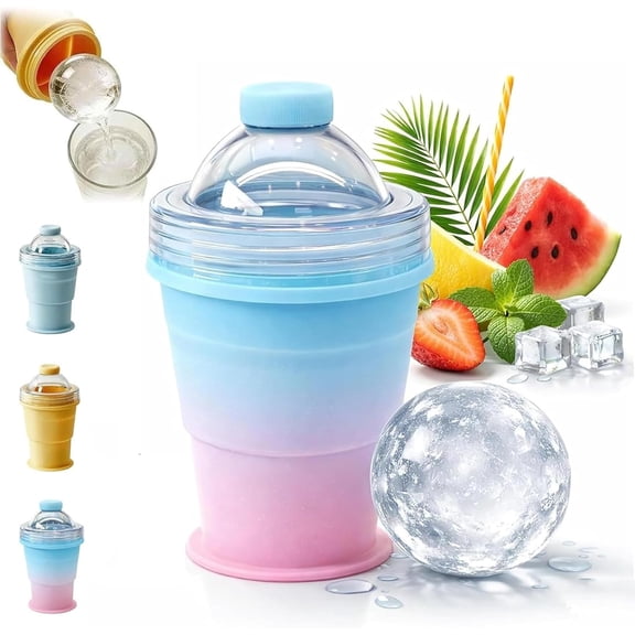 2-in-1 Collapsible Silicone Ice Ball Maker Cup,Reusable Portable Ice Sphere Mold with Straw & Lid, Easy Demolding, Leakproof for Coffee, Juice(Pink+Blue)