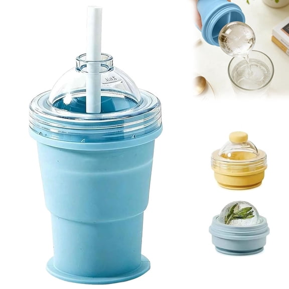 2-in-1 Collapsible Silicone Ice Ball Maker Cup, Reusable Portable Ice Sphere Mold with Straw & Lid, Easy Demolding, Leakproof Travel Tumbler for Coffee, Juice, Home, Gym, Outdoor (Blue)