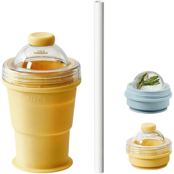 2-in-1 Collapsible Silicone Ice Ball Maker Cup – Reusable Portable Ice Sphere Mold with Straw & Lid, Easy Demolding, Leakproof Travel Tumbler for Coffee, Juice, Whiskey