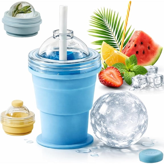 2-in-1 Collapsible Silicone Ice Ball Maker Cup, Reusable Portable Ice Sphere Mold with Straw & Lid,Touch-Free Large Round Ice Sphere Mold,One-Click Easy Demolding,Leakproof Travel Tumbler (Blue)