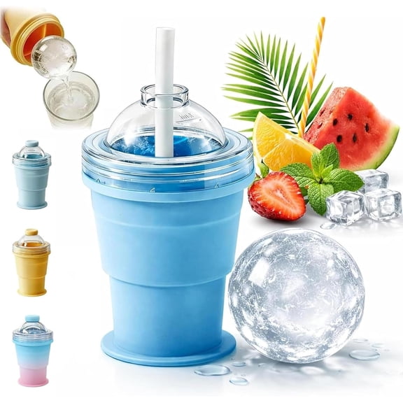 2-in-1 Collapsible Silicone Ice Ball Maker Cup,Reusable Portable Ice Sphere Mold with Straw & Lid, Easy Demolding, Leakproof for Coffee, Juice(Blue)