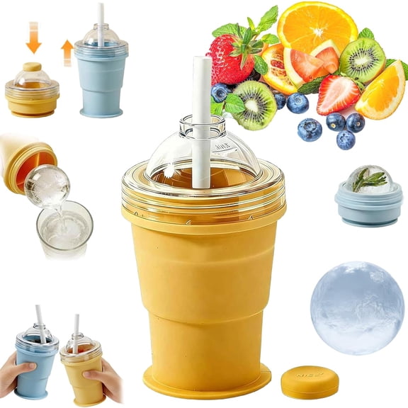 2-in-1 Collapsible Silicone Ice Ball Maker Cup,Touch-Free Large Round Ice Sphere Mold for Whiskey, Foldable Silicone Ice Cube Tray & Travel Cup,One-Click Easy Demolding Leakproof for Juice (Yellow)