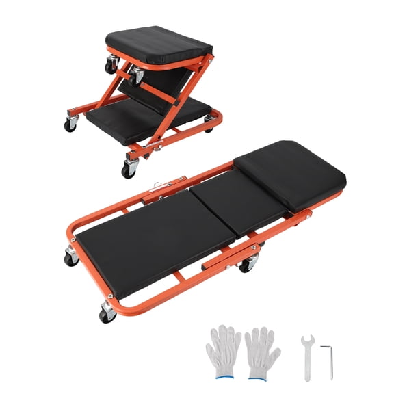 2-in-1 Collapsible Z-Creeper Mechanic Seat - 36 Inch Heavy Duty Rolling Garage Stool - 6 Swivel Wheels, 330 lbs Capacity, Steel Frame for Car Repair, Workshop Maintenance, Black + Orange