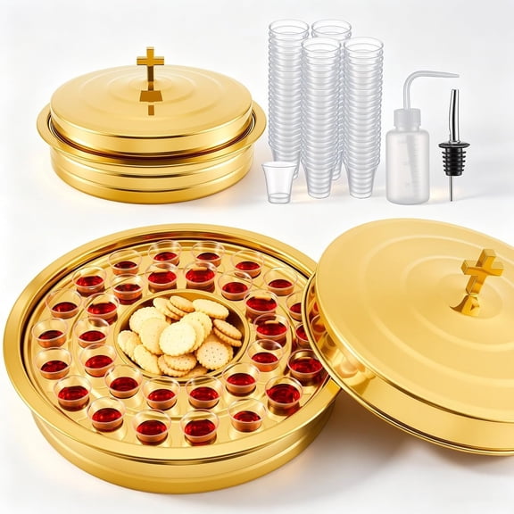 2-in-1 Communion Tray Set for Churches with Lid, Hold Bread & 32 Cup