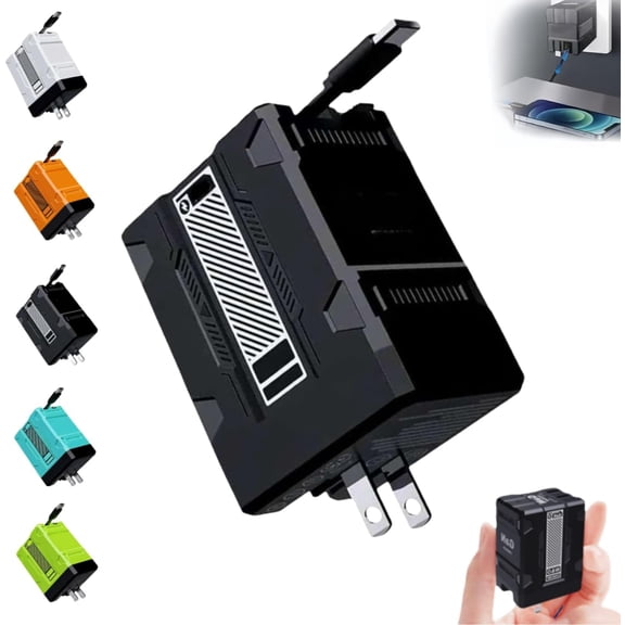 2 in 1 Compatible 120W Fast Charger with Retractable Cables, Foldable Plug for Universal Fast Charging of Phones, Tablets, Laptops and Other Devices