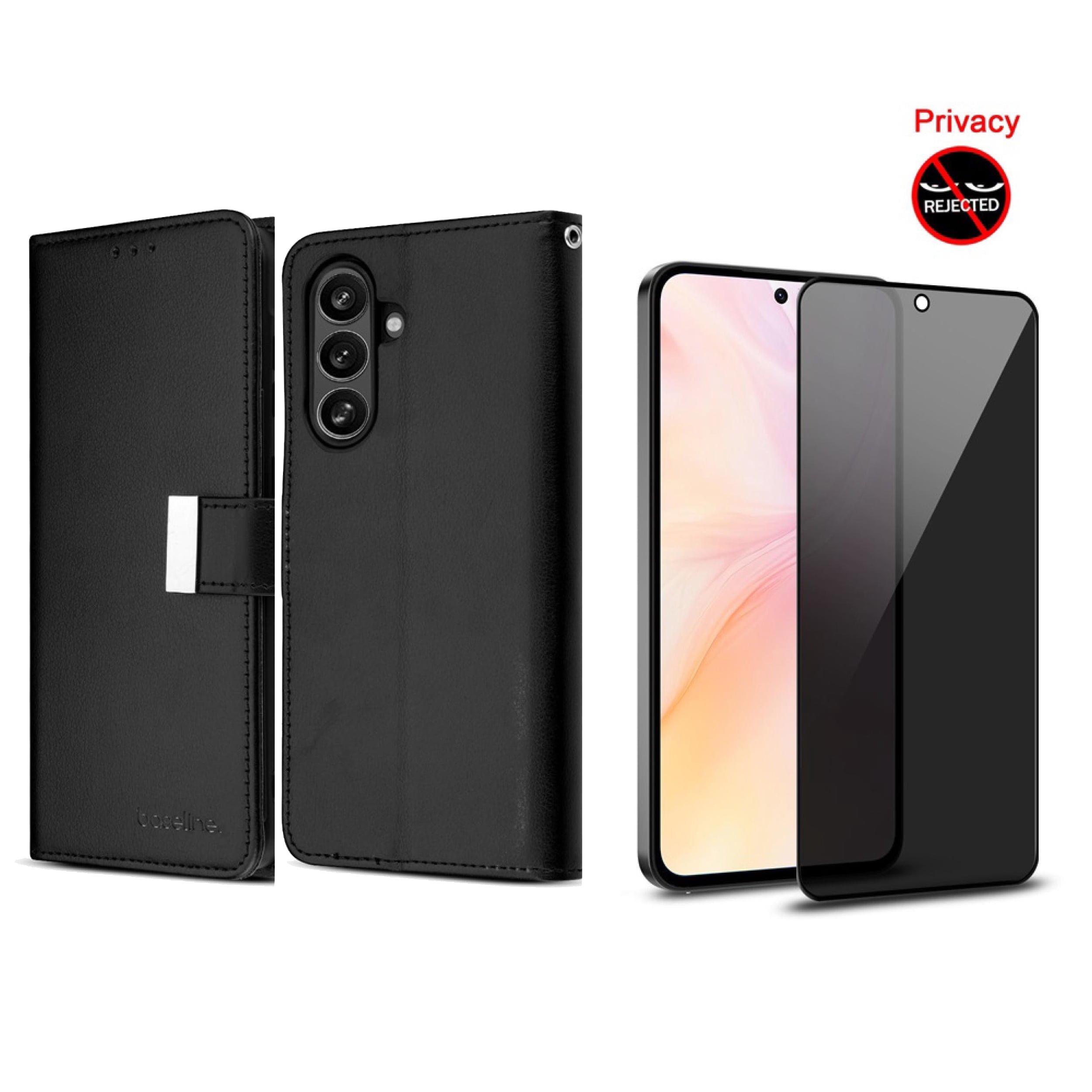 2 in 1 Complete Protection Bundle compatiable with Galaxy A36 5G – Black Wallet Folio Case + Full-Coverage Privacy Screen Shield