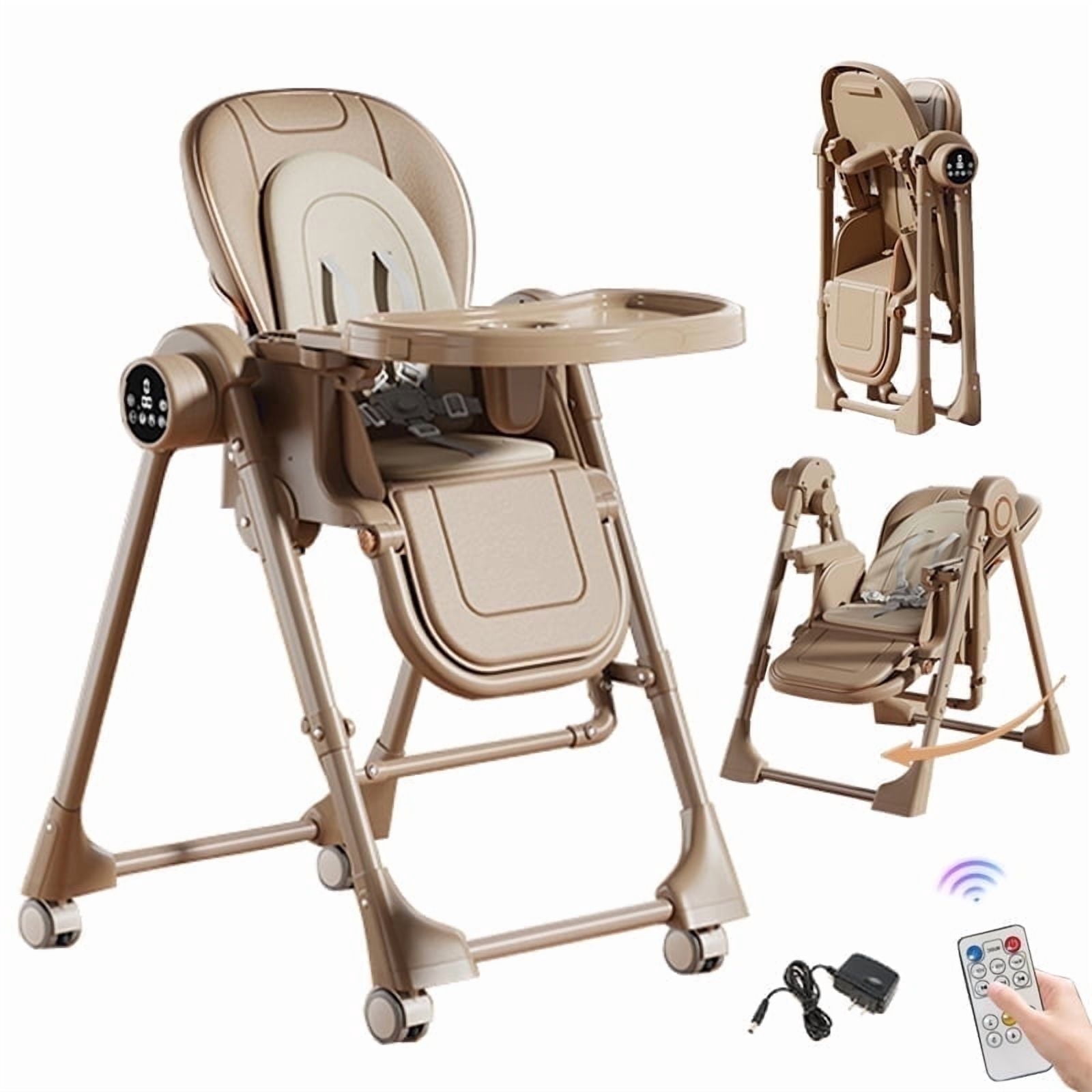 Electric 2 in 1 Baby High Chair Convertible Baby Swing Adjustable Seat for Eating,Folding Baby Dining Chairs with Remote Control, Unisex,KHAKI