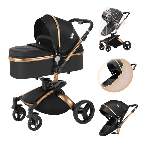 2 in 1 Convertible Baby Stroller ,Reversible Travel Stroller with Foldable Carriage, Removable Bassinet Pram for Newborns,Infant,Unisex,BLACK