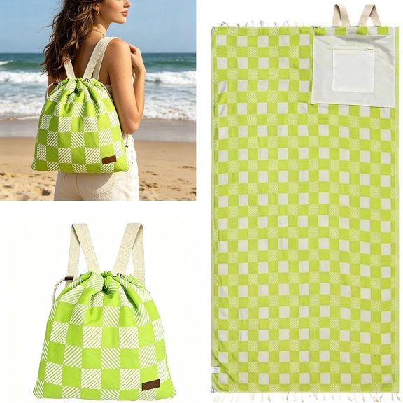 2-in-1 Convertible Beach Towel Backpack, Oversized Sand-Proof Quick-Dry Towel with Inner Zip Pocket, Wearable Travel Bag for Beach, Camping & Vacation