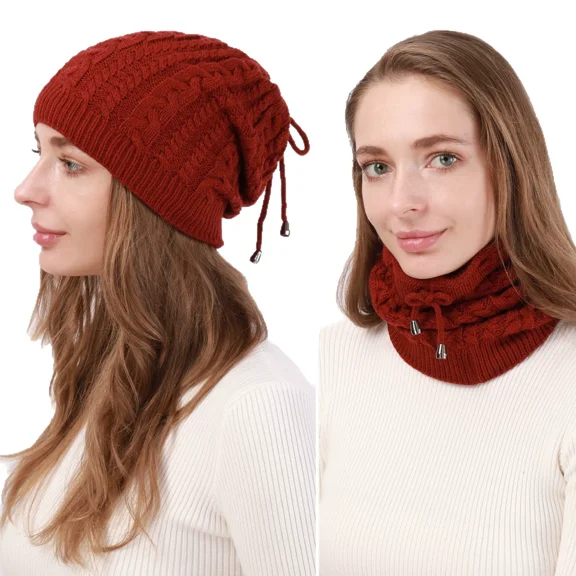 2-in-1 Convertible Beanie & Scarf for Women, Warm Knit Winter Neck Warmer, Adjustable Drawstring Hood, Fashion Cold Weather Accessory,Burgundy