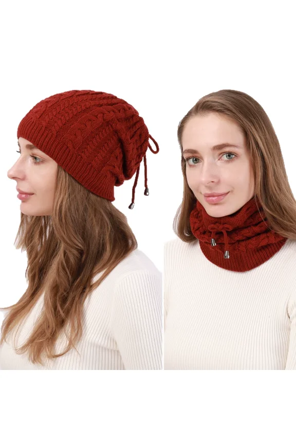2-in-1 Convertible Beanie & Scarf for Women, Warm Knit Winter Neck Warmer, Adjustable Drawstring Hood, Fashion Cold Weather Accessory,Burgundy