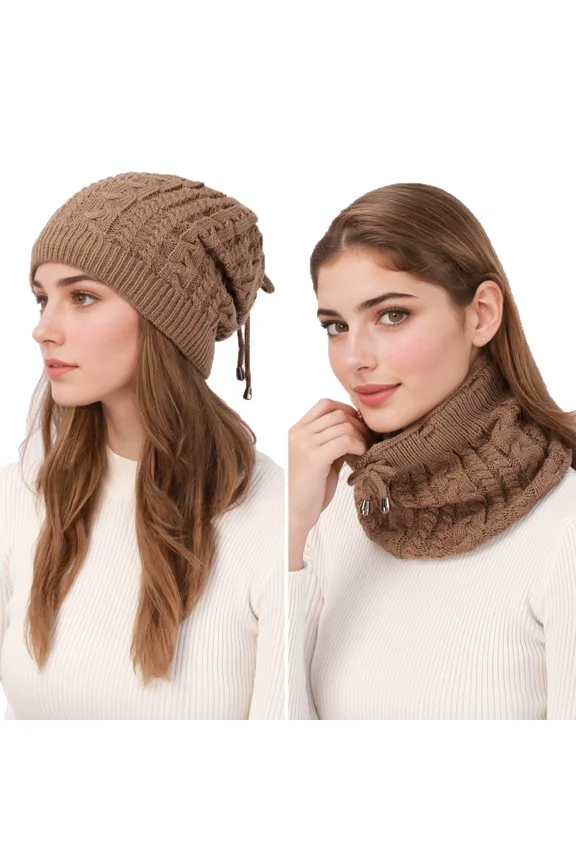 2-in-1 Convertible Beanie & Scarf for Women, Warm Knit Winter Neck Warmer, Adjustable Drawstring Hood, Fashion Cold Weather Accessory,Khaki