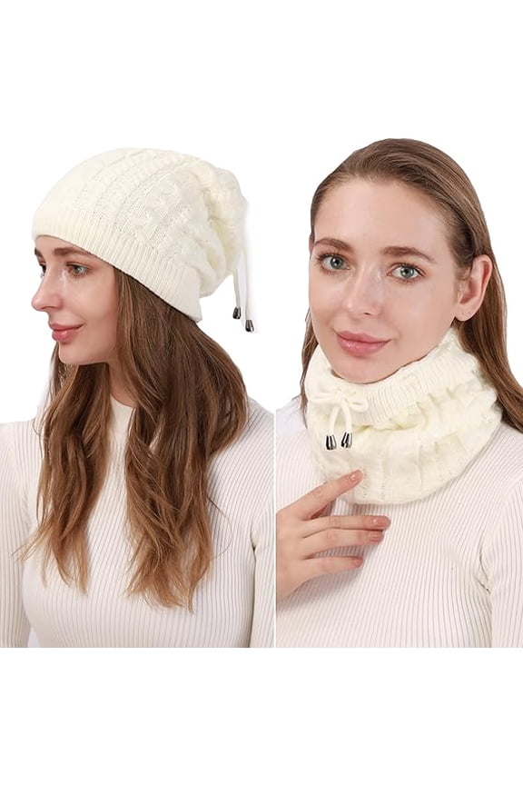 2-in-1 Convertible Beanie & Scarf for Women, Warm Knit Winter Neck Warmer, Adjustable Drawstring Hood, Fashion Cold Weather Accessory,White