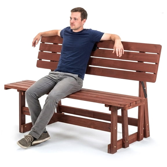 2-in-1 Convertible Bench Picnic Table, 55.5" Wood Outdoor Folding Dining Set With Backrest & Umbrella Hole,for Backyard Porch Deck