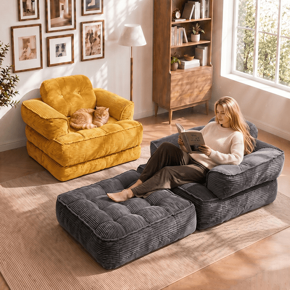 2in1 Convertible Boneless Futon Sofa Bed, Memory Foam Corduroy Sleeper Couch with Pillows, Adjustable Backrest, No Assembly, SpaceSaving for Guest, Gaming, Apartment & Office