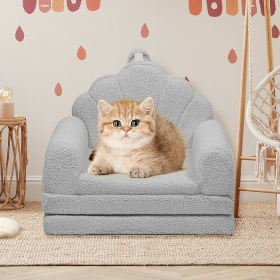 2-in-1 Convertible Dog Couch Bed & Cat Sofa (22.8"18.8"15.7") - High-Density Foam, Soft Faux Fur, Removable Washable Cover, Shell Design For Pets - Lightgrey