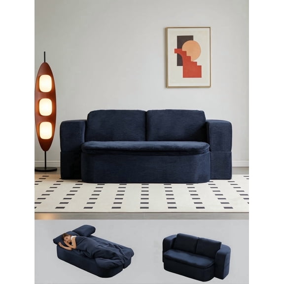 2-in-1 Convertible Futon Sofa Bed, Reversible Backrest, Faux Fur, No Assembl, Compression Folding Sleeper Couch for Small Spaces, 75-inch, Blue