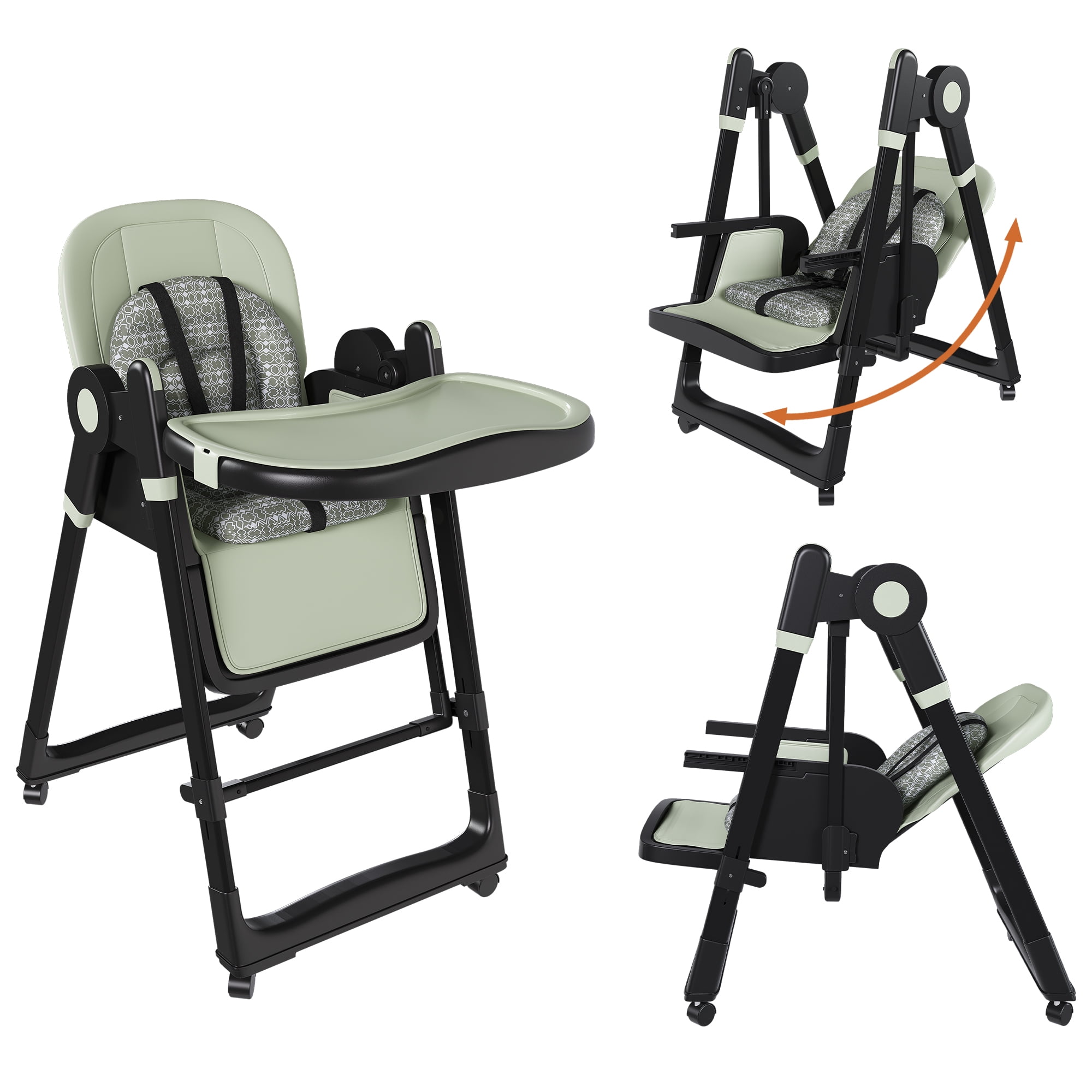 2-in-1 Convertible High Chair Baby Rocker, Foldable Infant Feeding Chair with 5-Point Harness, Lockable Silent Wheels & Detachable 2-Tier Tray for 6 Months–3 Years