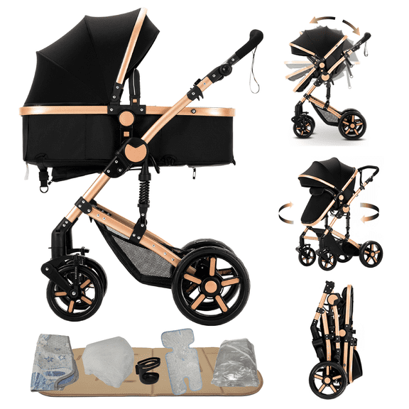2-in-1 Convertible High-View Baby Stroller,Travel Pushchair, Infant Carriage with with Cup Holder, Mosquito Net for 0-36 Months,Unisex,Black Gold