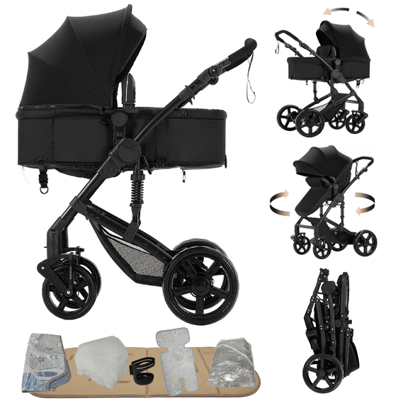 2-in-1 Convertible High-View Baby Stroller,Travel Pushchair, Infant Carriage with with Cup Holder, Mosquito Net for 0-36 Months,Unisex,Black