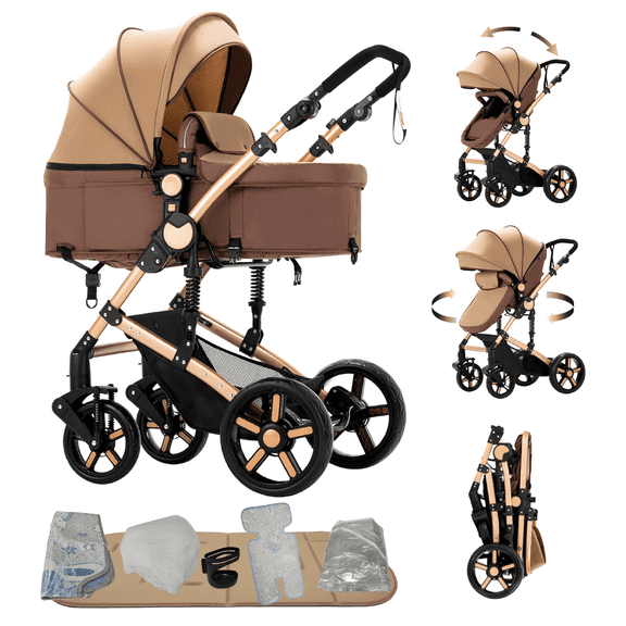 2-in-1 Convertible High-View Baby Stroller,Travel Pushchair, Infant Carriage with with Cup Holder, Mosquito Net for 0-36 Months,Unisex,KHAKI