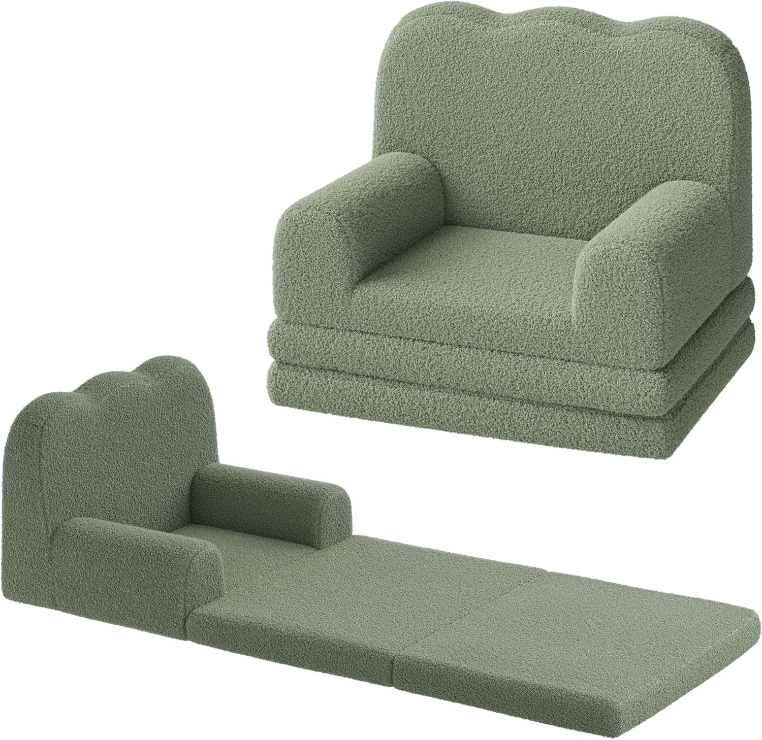 2-in-1 Convertible Kids Couch - Soft Teddy Fleece Toddler Sofa Chair and Fold Out Lounger, Green