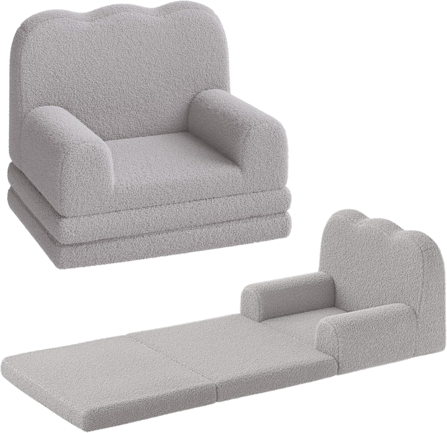 2-in-1 Convertible Kids Couch - Soft Teddy Fleece Toddler Sofa Chair and Fold Out Lounger, Grey
