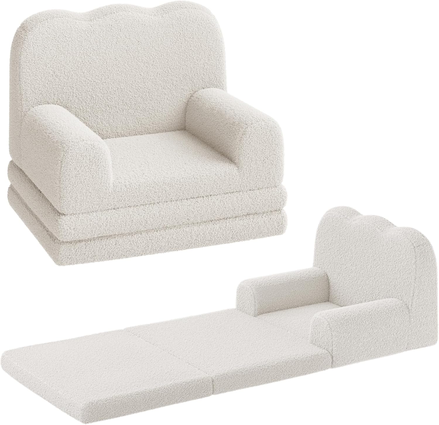 2-in-1 Convertible Kids Couch - Soft Teddy Fleece Toddler Sofa Chair and Fold Out Lounger, White