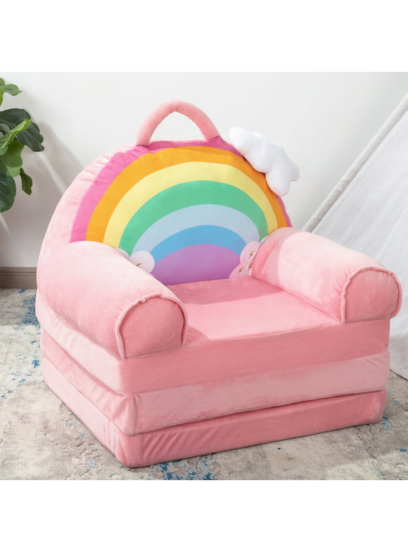 2 in 1 Convertible Plush Kids Sofa Flip Open Sofa Seat with Pockets,Kid Couch Toddler Chair for Toddler Baby Girls, Rainbow