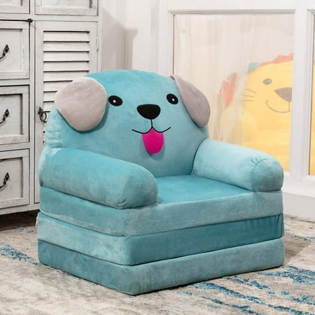 2 in 1 Convertible Plush Kids Sofa Flip Open Sofa Seat with Pockets for Toddler Baby Boys, Couch Dog