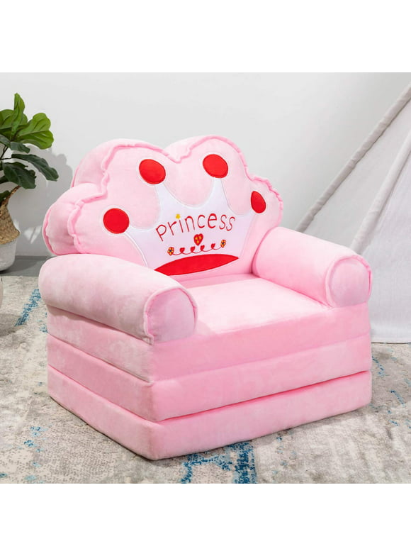 2 in 1 Convertible Plush Kids Sofa Flip Open Sofa Seat with Pockets for Toddler Baby Girls Kid Couch Chair for Crown