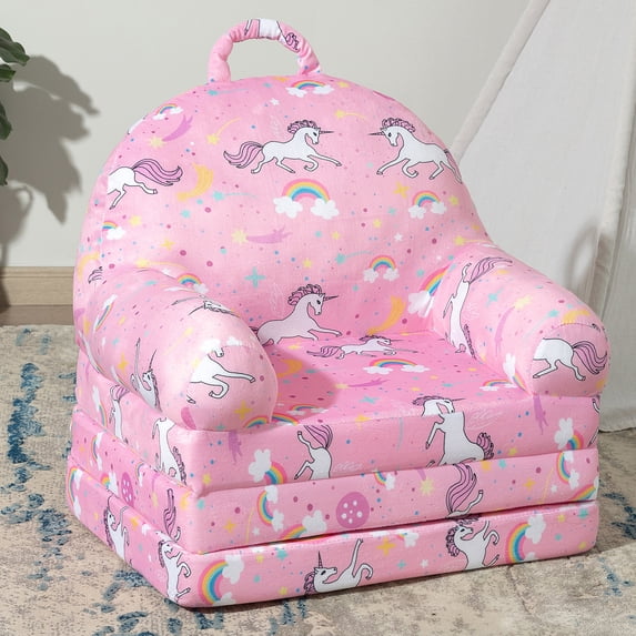 2 in 1 Convertible Plush Kids Sofa Flip Open Sofa Seat with Pockets for Toddler Baby Girls