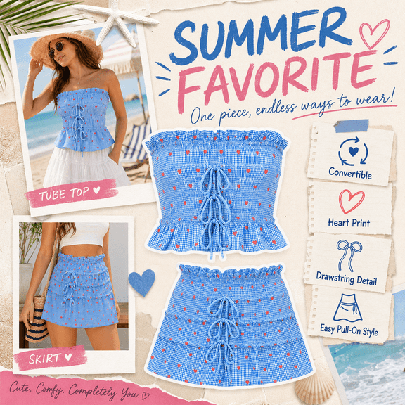 2-in-1 Convertible Ruched Bandeau Top / Skirt Versatile Convertible Outfit Piece with Adjustable Drawstrings for Travel, Parties and Casual Wear