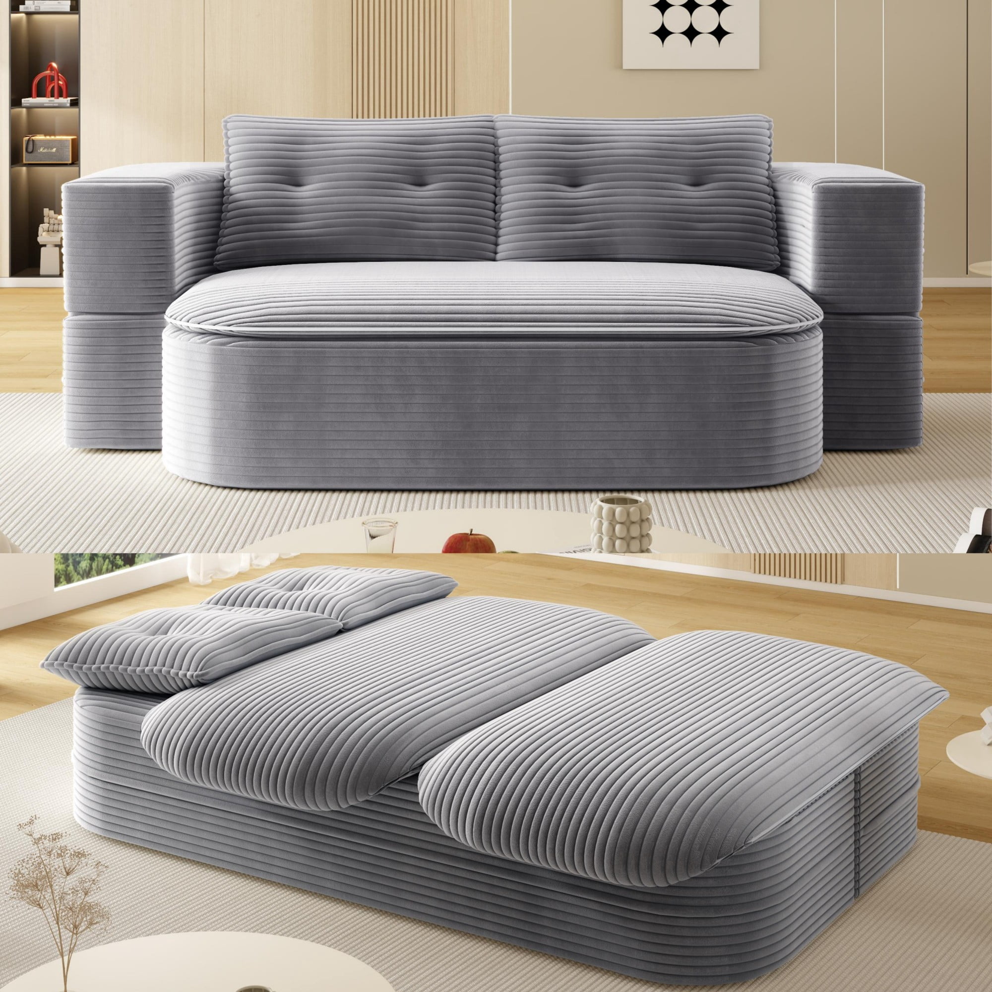 2-in-1 Convertible Sleeper Sofa Bed,78.7" Modern Foldable Sofa Plush Corduroy Fabric Sofa,Deep Seat Sofa Couch for Living Room, Bedroom,LIGHT GREY