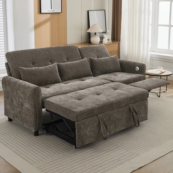 2-in-1 Convertible Sleeper Sofa Bed with Recliner, Chenille Pull Out Couch with USB Ports and Three-Level Adjustable Backrest, 3 Seat Cloud Sectional Couch for Living Room, Dark Grey
