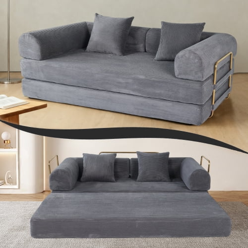 2-in-1 Convertible Sleeper Sofa, Modern Floor Folding Couch Bed with 5 Pillows, Side Pockets and Cup Holders, Corduroy Fabric for Apartment Living Room, Dark Gray