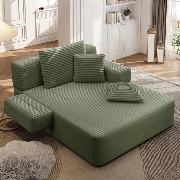 2-in-1 Convertible Sofa Bed, 60 Inch Chaise Lounge Chair Indoor, Oversized Corduroy Upholstered Boneless Sofa Bed with Storage Pocket for Small Spaces, Living Room, Apartment