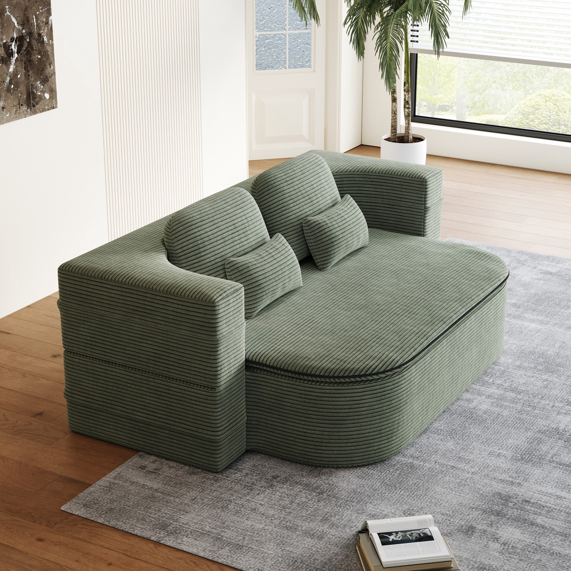 2-in-1 Convertible Sofa Bed,75'' Foldable Sleeper Sofa Bed,Corduroy Floor Folding Sofa Bed Lounge Sofa with Multi Functional Blanket for Living Room Bedroom,Green