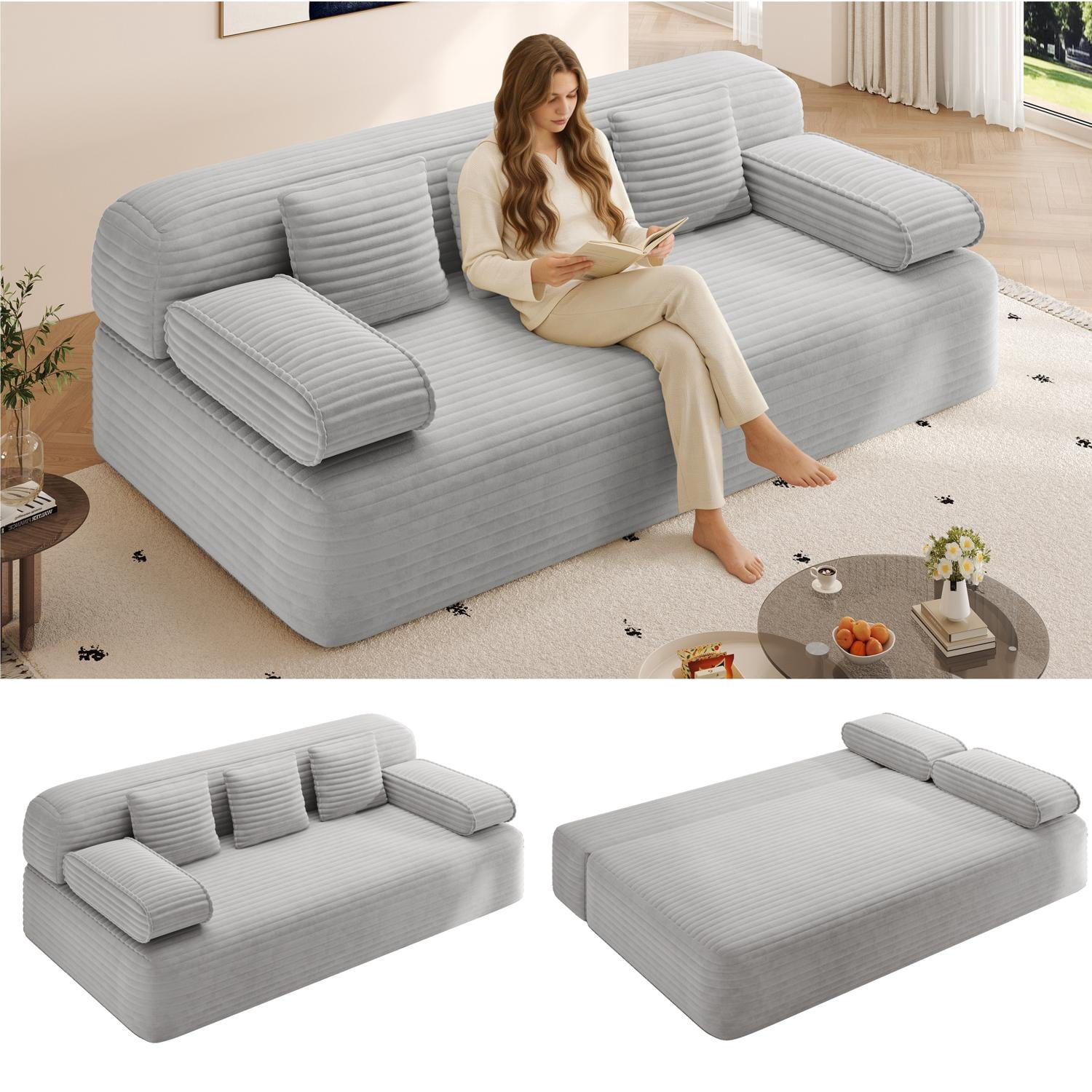 2-in-1 Convertible Sofa Bed 78.7 Inch, Frameless Couch with 3 Pillows, Plush Corduroy Fabric Sleeper for Apartments, Small Spaces, Multi-Functional, Light Grey