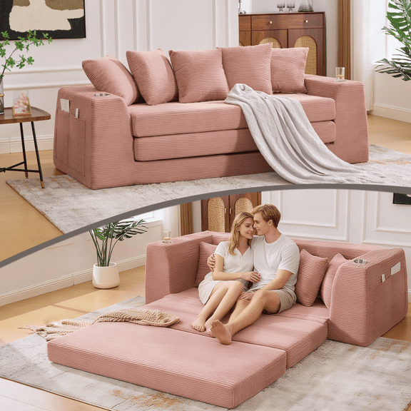 2-in-1 Convertible Sofa Bed, 82" Folding Cloud Couch with Two Cup Holders and Side Pocket, Corduroy Loveseat Sleeper with Pull Out Bed, No Assembly, Pink