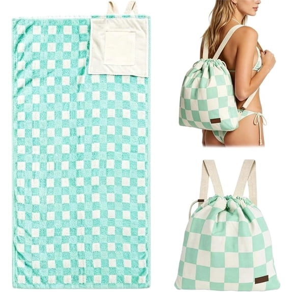 2-in-1 Convertible Towel & Backpack with Inner Zip Pocket & Sand-Proof Fabric, Oversized Wearable Beach Bag, Quick-Dry Packable Mat for Camping, Vacation & Beach