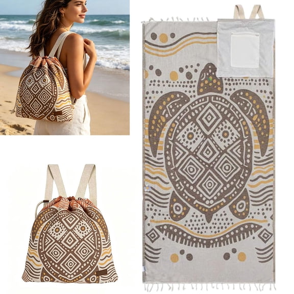 2-in-1 Convertible Towel & Backpack with Inner Zip Pocket & Sand-Proof Fabric, Oversized Wearable Beach Bag, Quick-Dry Packable Mat for Camping, Vacation & Beach