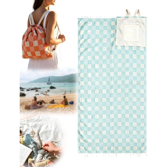2-in-1 Convertible Towel & Backpack with Inner Zip Pocket & Sand-Repelling Fabric - Oversized Microfiber Wearable Beach Bag - Quick-Dry Packable Mat for Camping, Vacation & Cruise (#W)