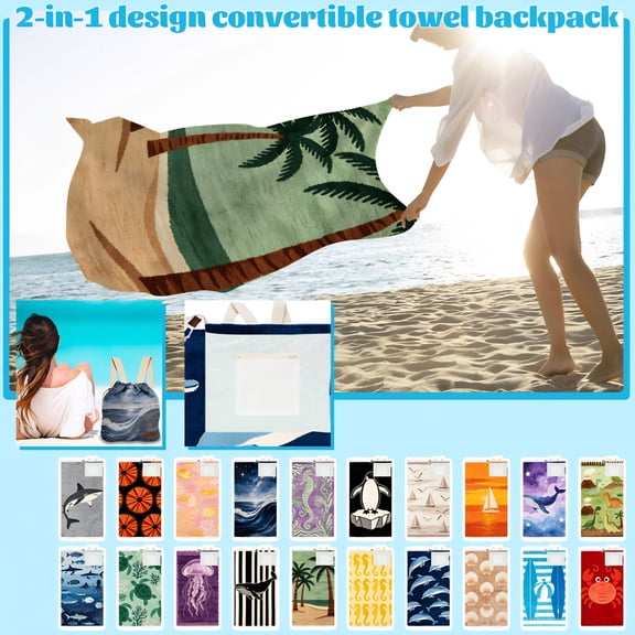 2-in-1 Convertible Towel & Backpack with Inner Zip Pocket & Sand-Repelling Fabric - Oversized Microfiber Wearable Beach Bag - Quick-Dry Packable Mat for Vacation & Cruise (yellow seahorse)