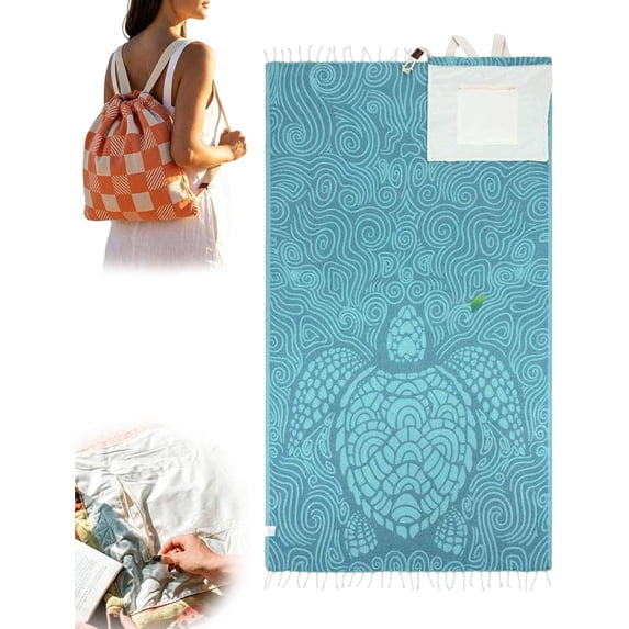 2-in-1 Convertible Towel & Backpack with Inner Zip Pocket & Sand-Repelling Fabric, Oversized Quick-Dry Microfiber Beach Bag with Twisted Tassels, 37" x 67" Packable Mat for Camping, Travel (I)