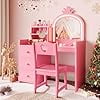2-in-1 Convertible Vanity Desk with Lighted Crown Mirror and Matching Stool, Multi Storage Drawer Makeup Dressing Table