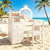 2-in-1 Convertible Vanity Desk with Lighted Crown Mirror and Matching Stool, Multi Storage Drawer Makeup Dressing Table