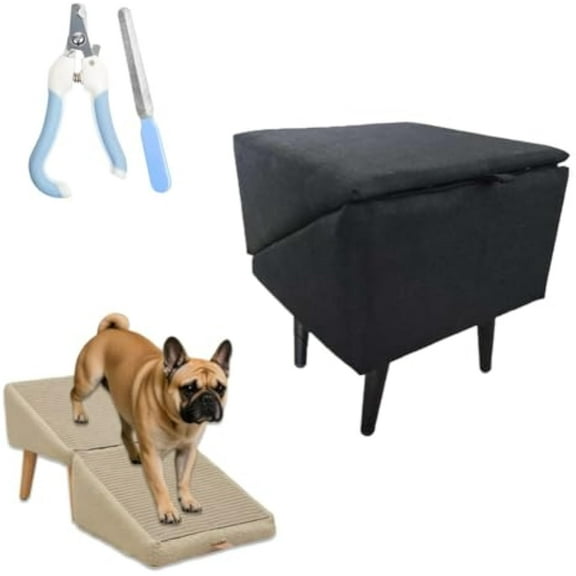 2-in-1 Convertible Wooden Home Step Stool Dog Ramp Stairs, Foldable Non Slip Dog Stairs for Small Dogs, 2025 Upgraded Folding Split Ottoman Dog Ramp, Dog Steps for Bed and Couch(Cotton Linen Black)