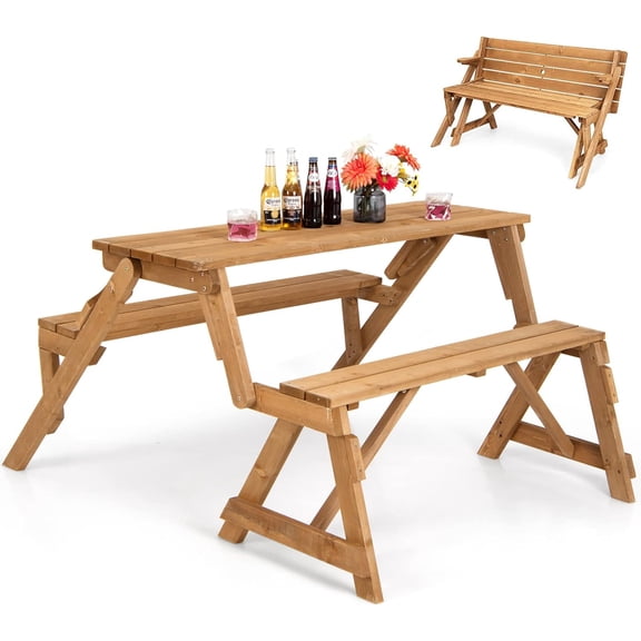 2-in-1 Convertible Wooden Picnic Table, Transforming Interchangeable Outdoor Bench Table with Umbrella Hole, Collapsible Picnic Table and Bench for Garden, Backyard, Porch, Patio